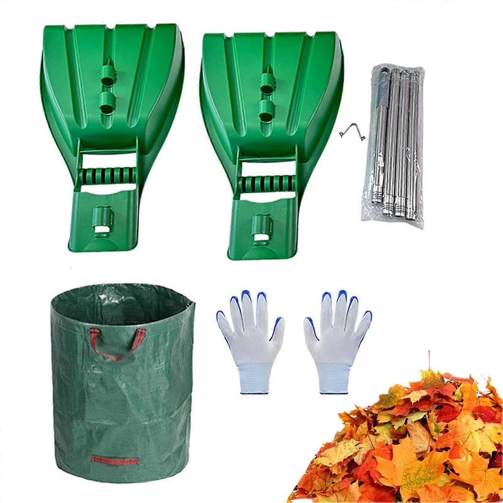 Hand rake – Leaf scoop – Shovel and claw blades – Garden leaf grabber rake, including garden bag, work gloves, and telescopic handle for gardening.