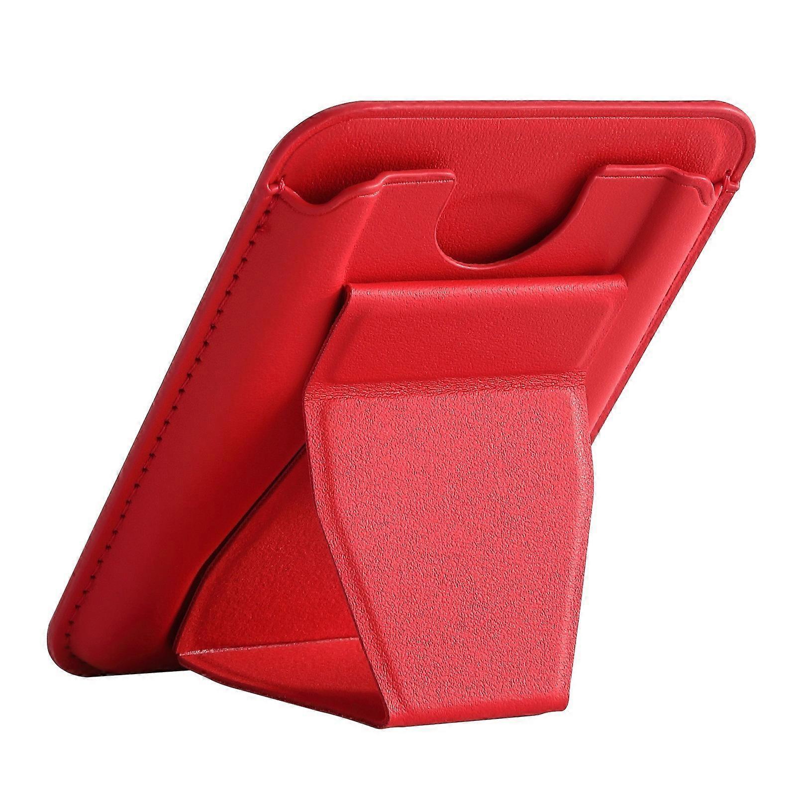 Adjustable Viewing Angle Phone Stand Card Storage Foldable Design Magnetic Backing PU Leather Construction  Red