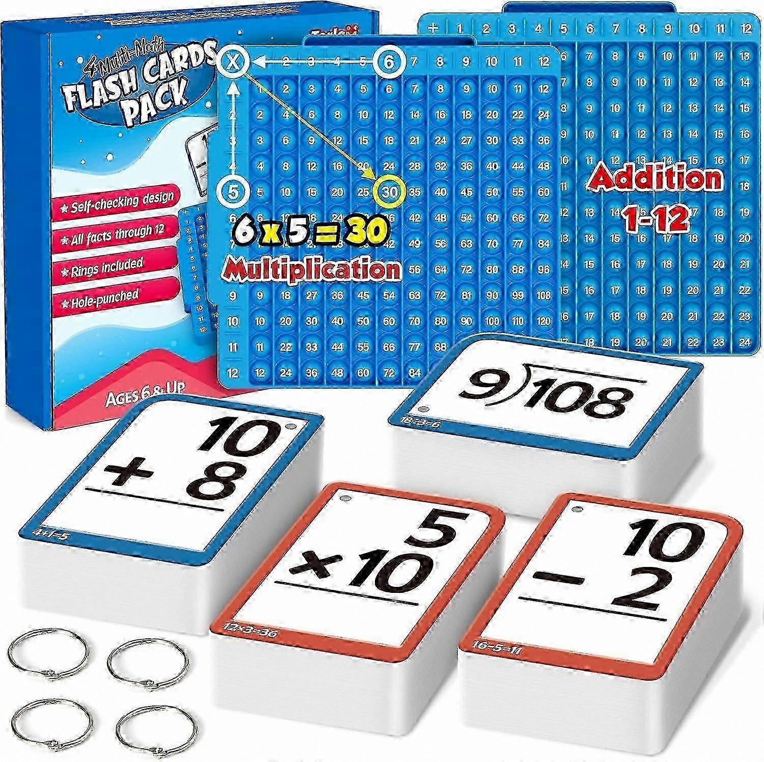 Kids Math Learning Cards - Addition, Subtraction, Multiplication & Division Games with Times Table Reference