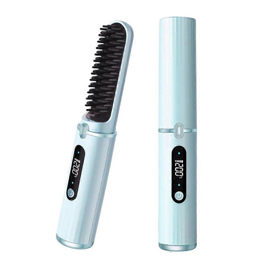 Women's Cordless Hair Straightener Brush, Portable Mini Negative Ion Hair Straightening Comb Styling Brush(blue)