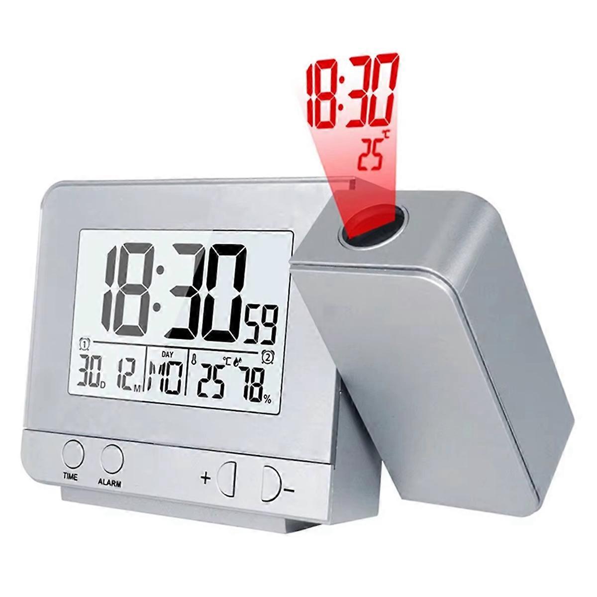 Clock with Digital Date Snooze Function Backlight Watch Wall Projector Desk Table Led Clock with Time Projection Silver