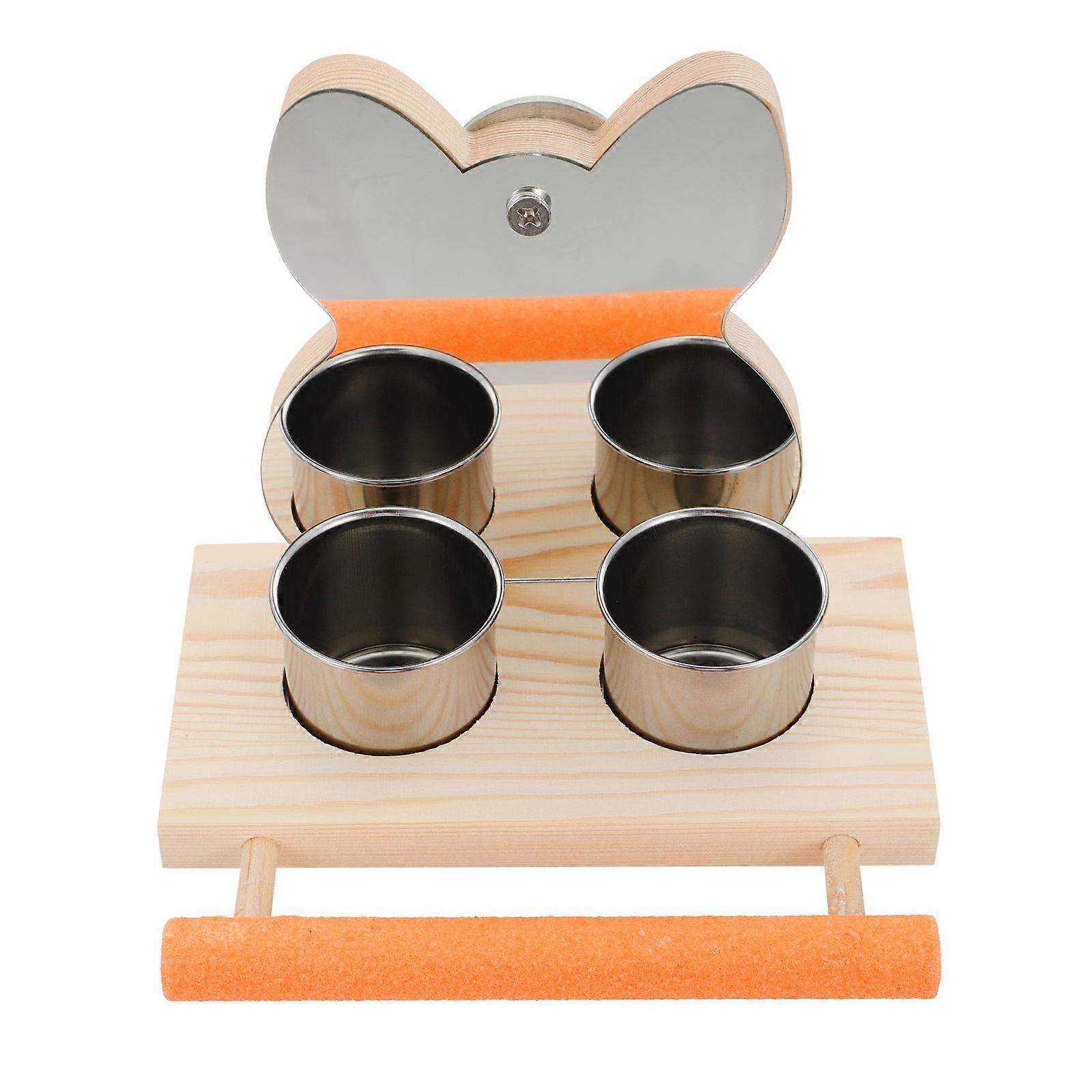Parrot Mirror Cage Accessory with Feeding Bowl for Birds 1Set Wood