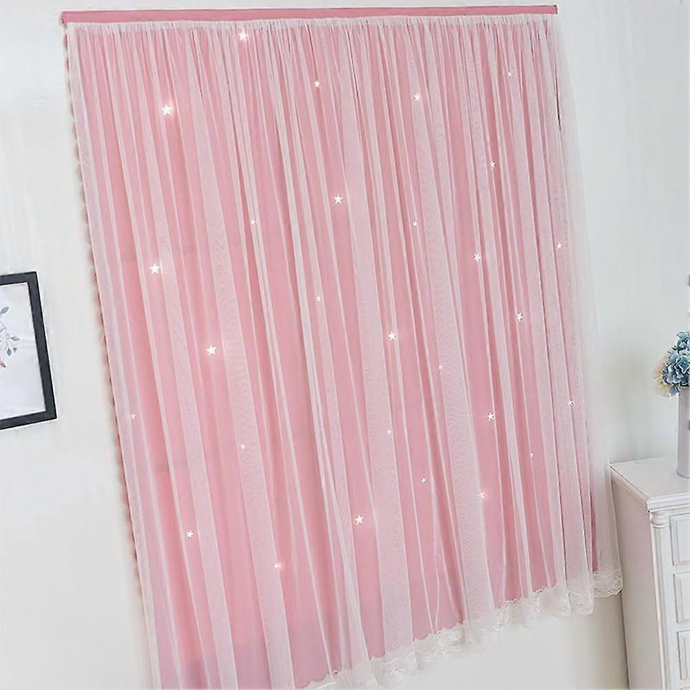 Self Adhesive Star Blackout Curtain Pink 47 By 59 Inch Double Layer Light Blocking Curtain With Net Thermal Insulation