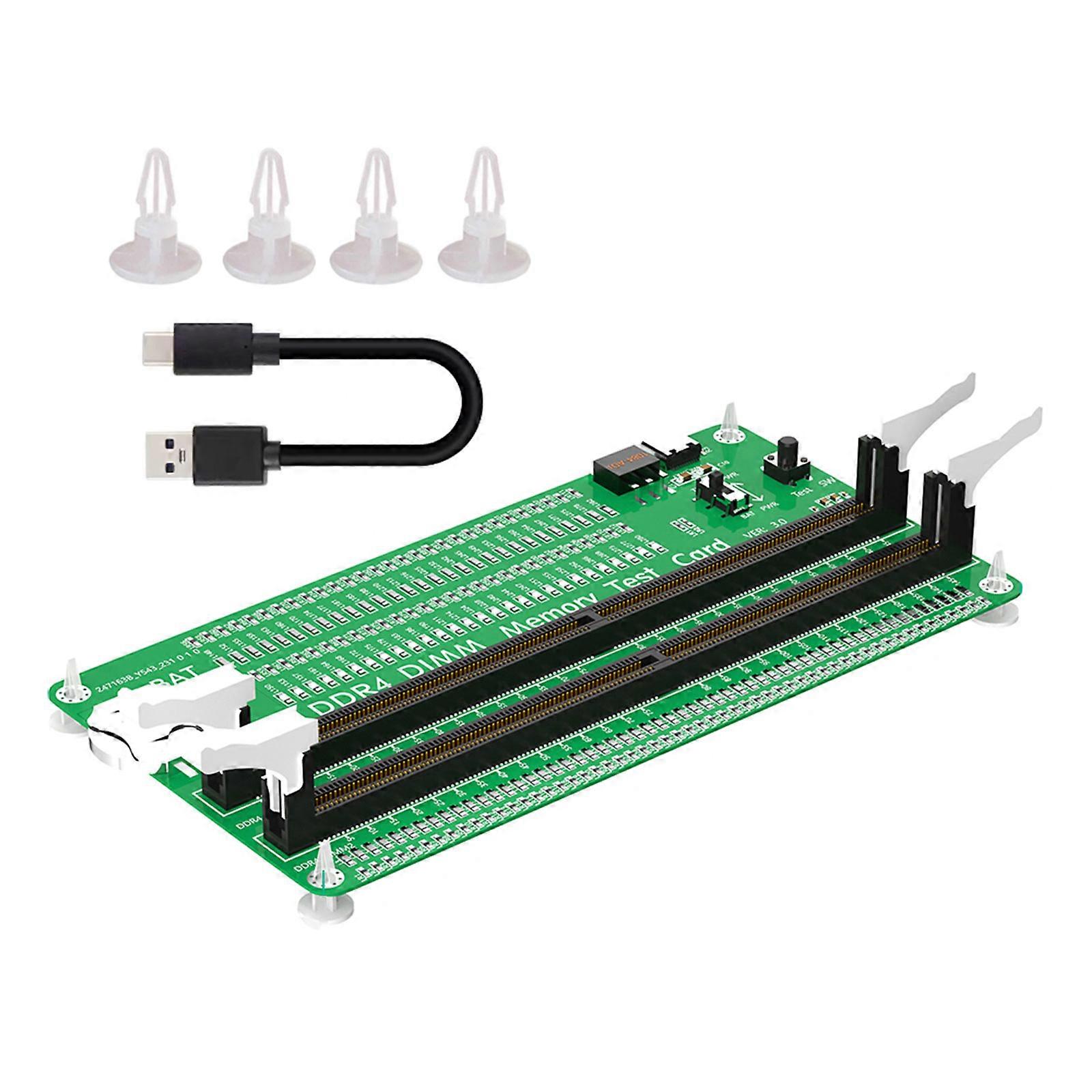 Testador de memória DDR4 DIMM para computador desktop, placa de teste de memória DDR4 com travas longas e indicadores LED multicoloridos.