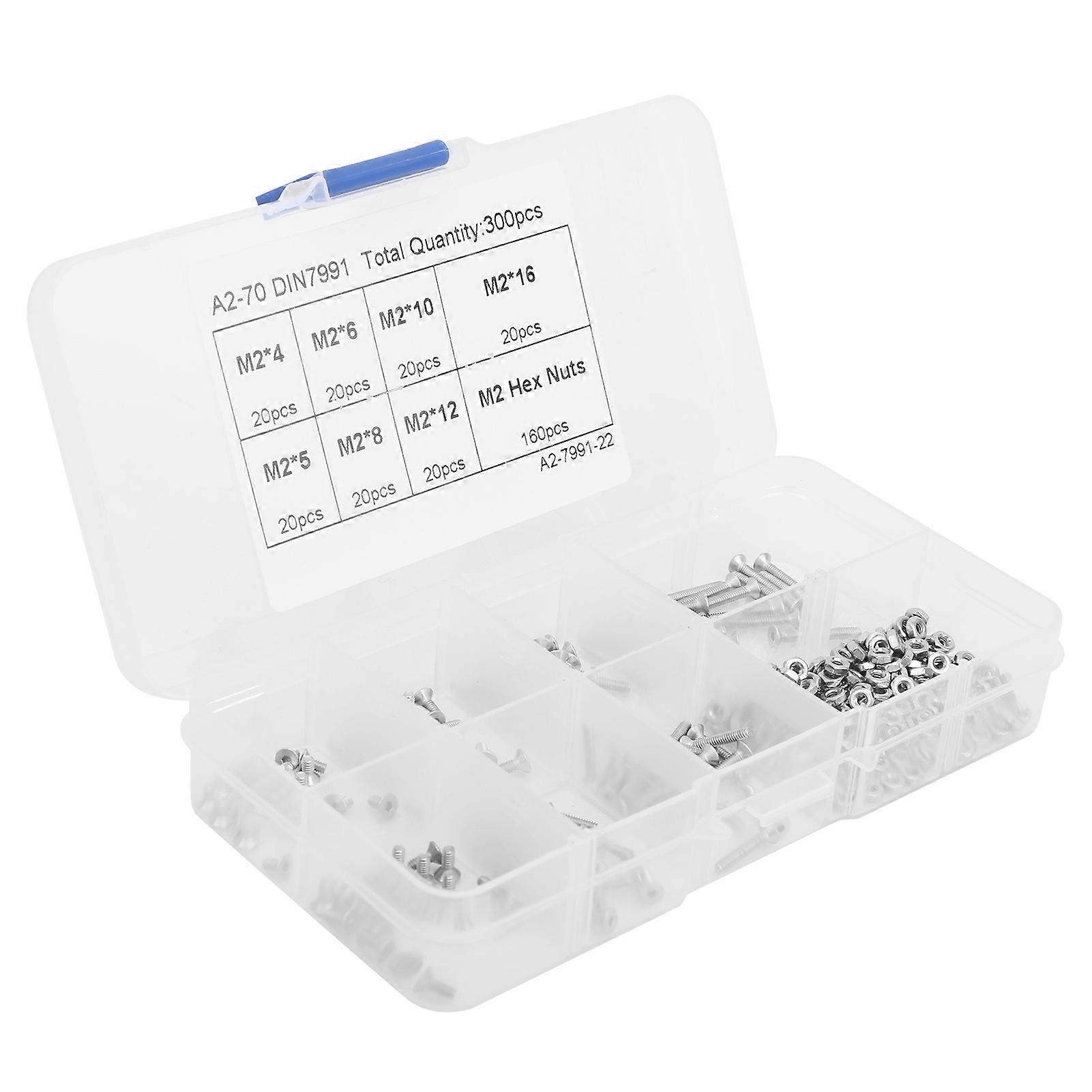 300pcs M2 Hex Screw and Nut Set Countersunk Head Socket Stainless Steel Assortment Kit