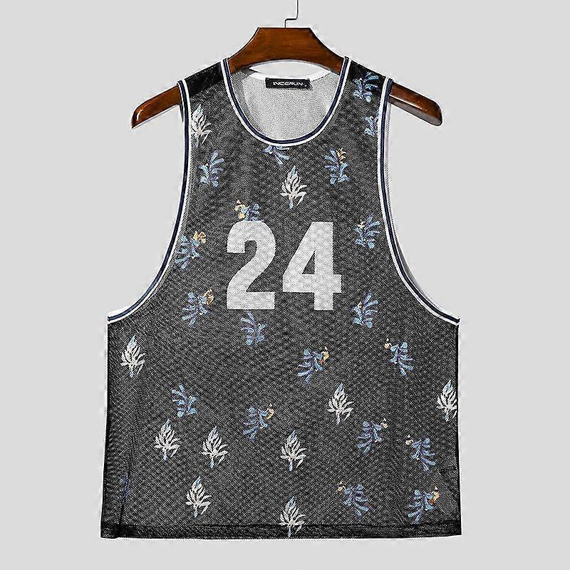 INCERUN Men Sleeveless See Through Mesh Sheer Print Racerback Tank Tops