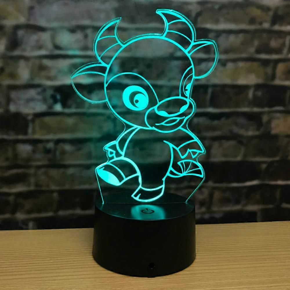3D Cow LED Night Light Lamp 7 Color Touch Switch Illusion Table Desk Decor with USB Cable Acrylic Base