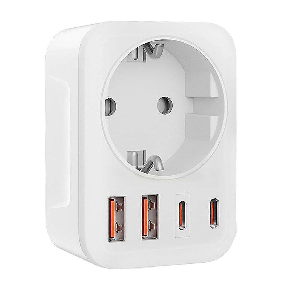 Double Plug for Socket, Power Strip with USB 2-Way Socket Adapter (4000 W 16 A) with 2 USB A and 2 USB C EU Plug