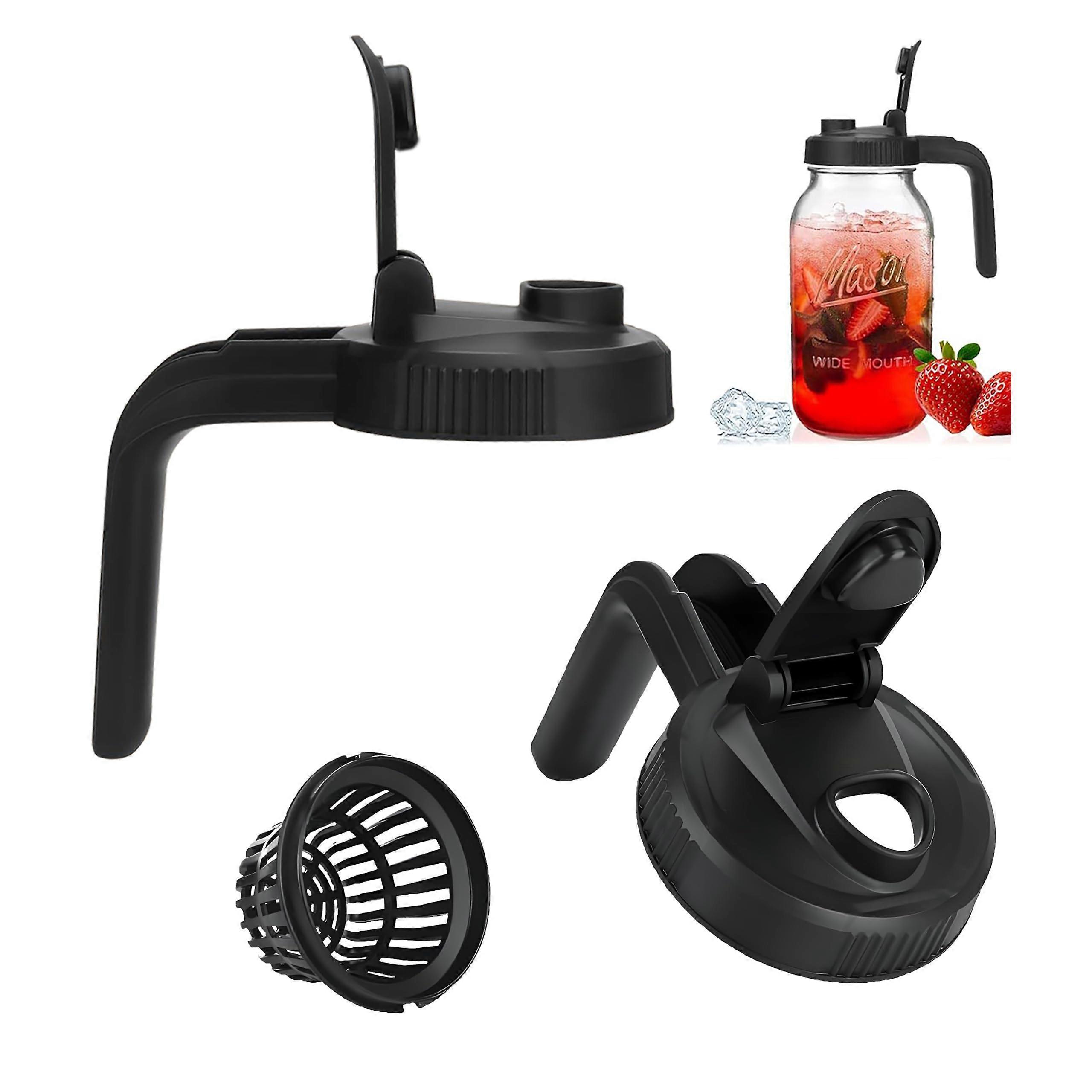 2 Pack Wide Mouth Mason Jar Lids with Pour Spout and Removable Strainer for Jars – Drip Resistant Plastic Caps for Coffee, Smoothies, Juice (Black)