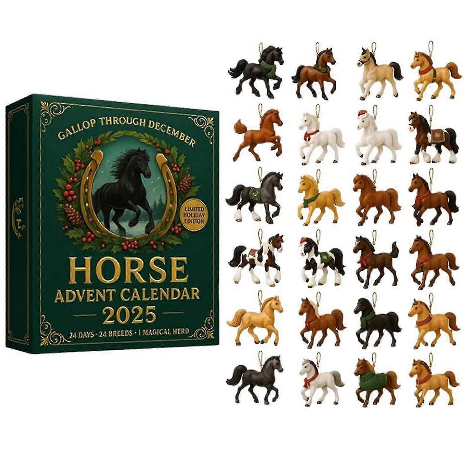 Festive Advent Calendar with 24 2D Horse Decorations for Home