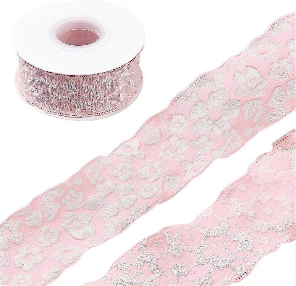 24 Yards 1.5 Inch Pink Double Ruffle Edge Ribbon 3D Flower Spring Floral Pattern Polyester Ruffled Chiffon Fabric Ribbons Bulk Roll for Sewing Making 