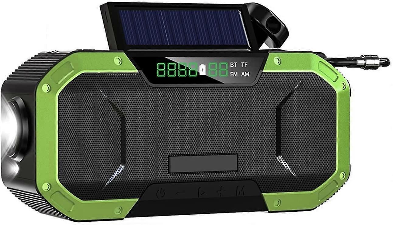 Emergency Hand Crank Radio with Bluetooth Speaker, Solar Charging, 5000mAh Power Bank, Green