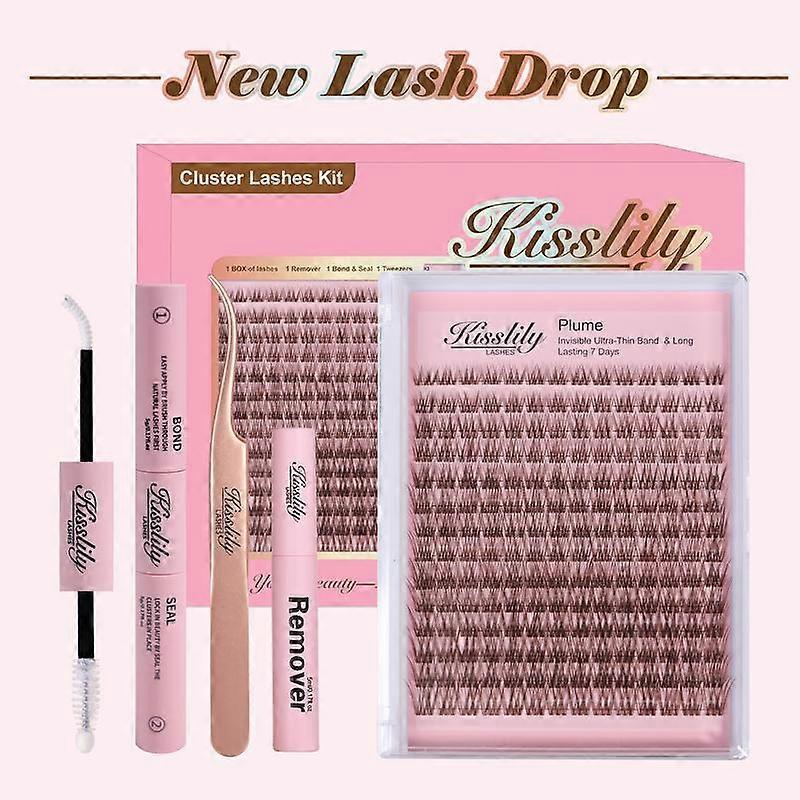 Kisslily Plume Brown Lashes Natural Lash Clusters With Invisible Band DIY Lash Extension Kit Eyelash Kit with Bond and Seal 8-16mm C Curl Be