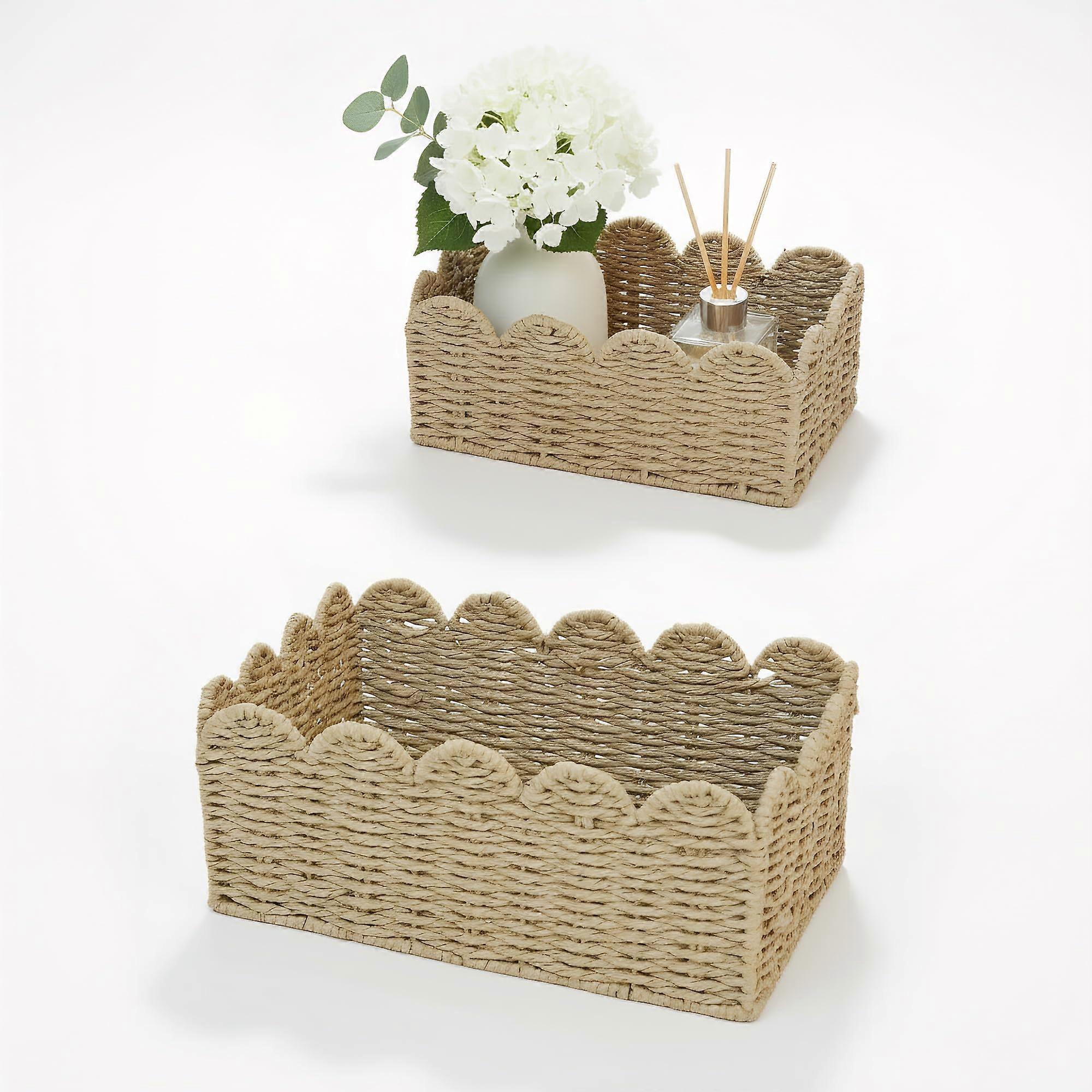 Set of 2 Woven Storage Baskets with Scalloped Edge, Handwoven Paper Rope for Bathroom and Home Decor