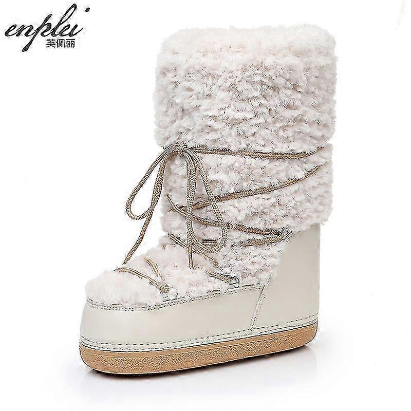Bottes de neige Moon Boots pour femmes 2025 avec doublure en fausse fourrure, antidérapantes et chaudes, couleur beige