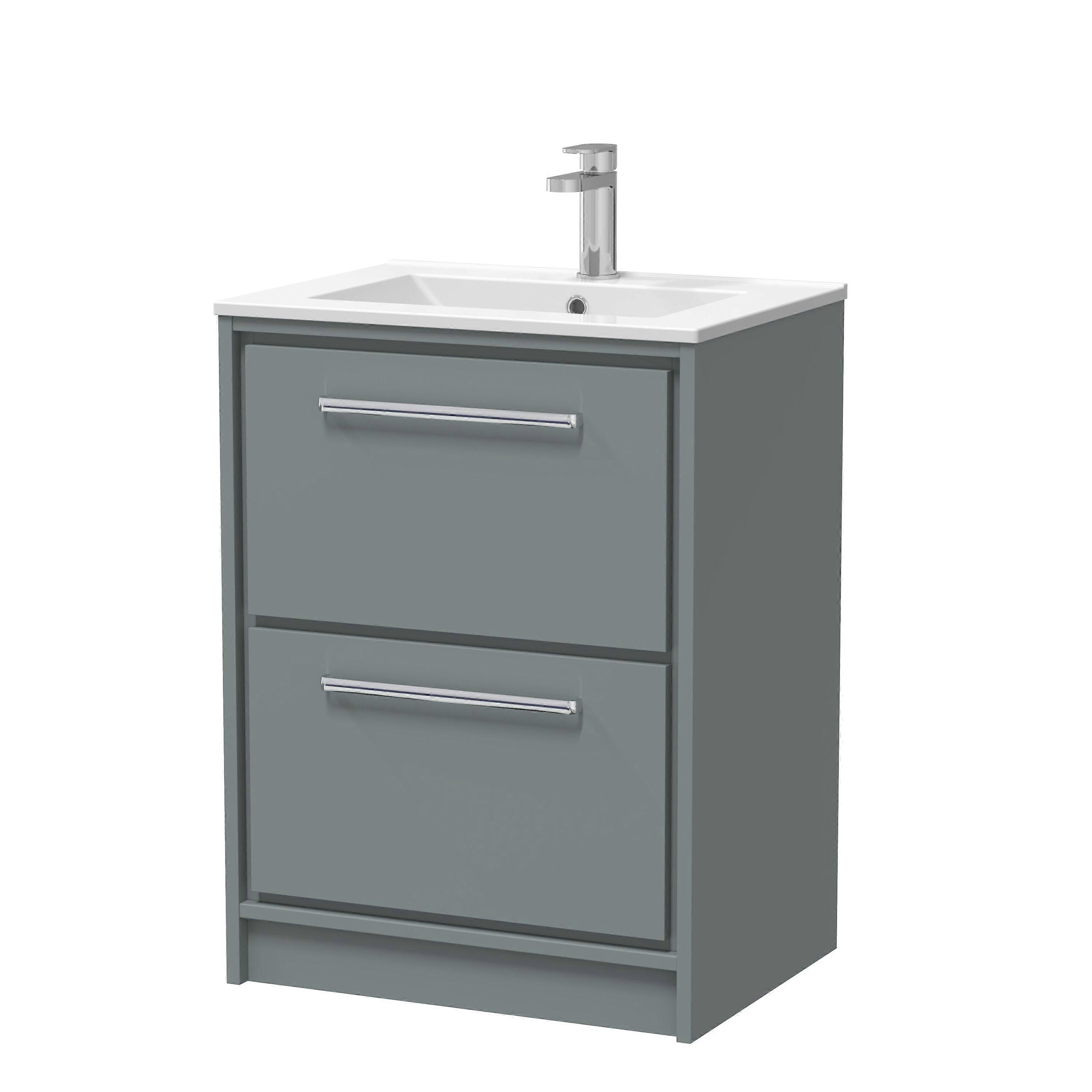Balterley Modern Bathroom Floor Standing 2 Soft Close Drawer Vanity Unit & Basin, Coastal Grey, 600mm