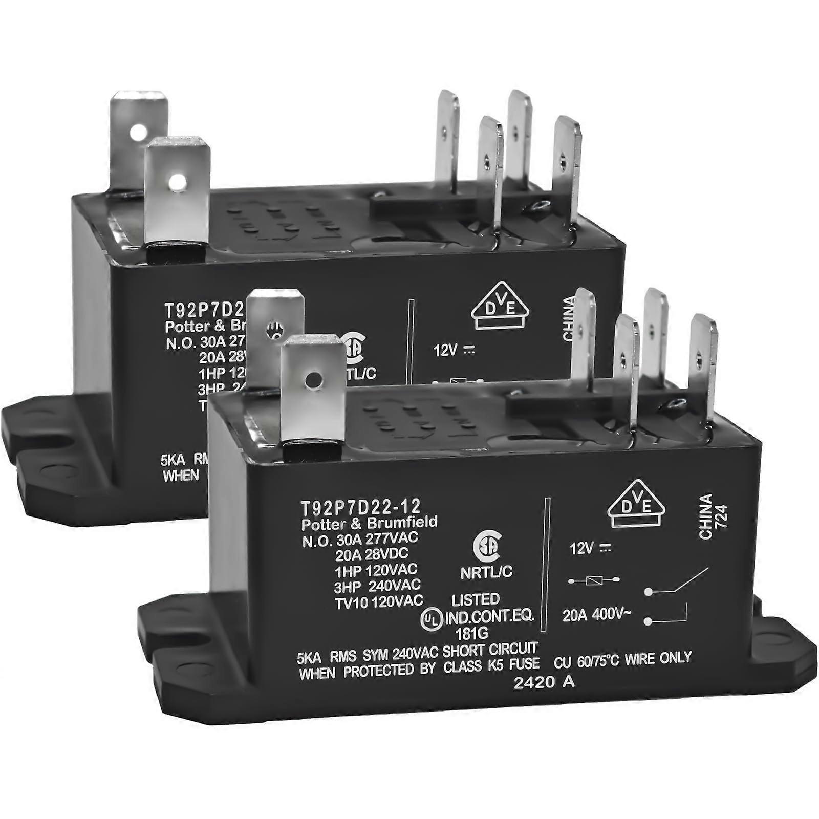 T92P7D22 12VDC 30A Power Relay Pack of 2 DPSTNO  Current Panel Mount