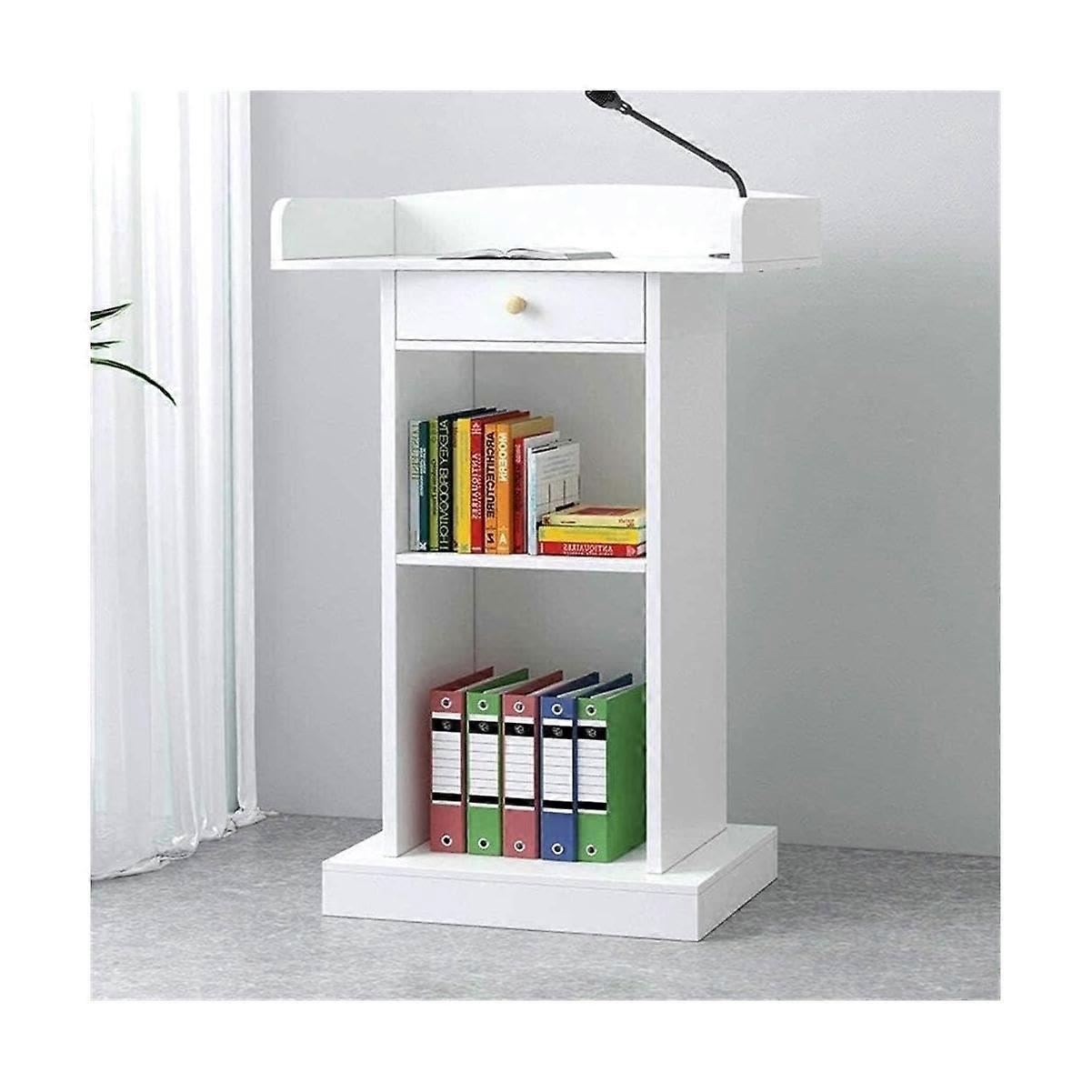 Modern White Podium Stand with Hidden Drawer Storage for Office Reception and Clutter Organization