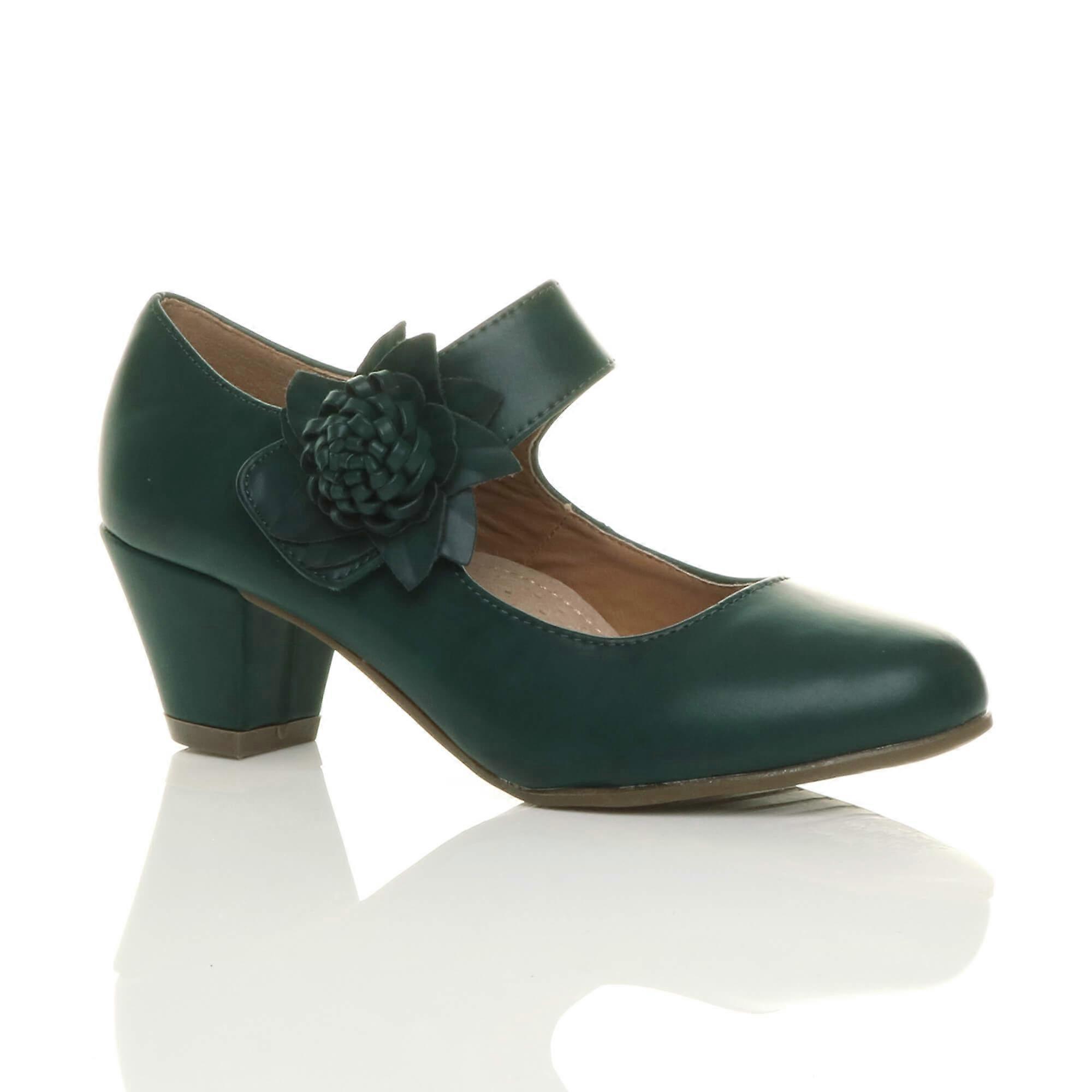 Ajvani 妇女 低块 小猫 脚跟 玛丽 简 风格 花皮革衬里工作法院鞋泵