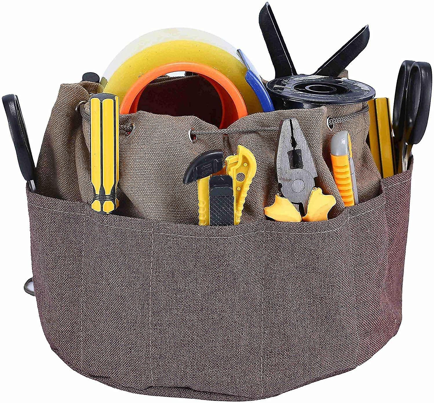 Pxcl Multi-function Tool Storage Bag, Bucket Tool Bag With Multiple Pockets And Side Drawstring, Nylon Handle (khaki) 18*24*24cm