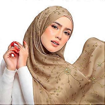 Khaki Embroidered Chiffon Hijab Scarf Women Floral Gold Head Wrap Shawl Elegant