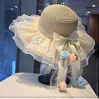Flower lace straw hat elegant temperament rose summer sun protection seaside vacation sun hat women's versatile bucket hat