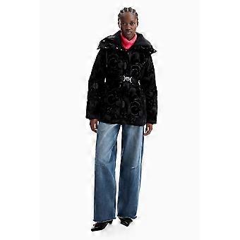 Desigual Padded Lucienne Mid-length Flocked Coat in Black 26WWEW41