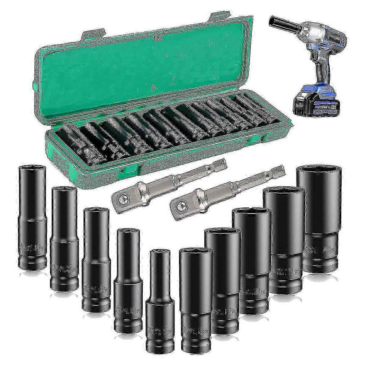 Deep Impact Socket Set,10Pcs 1/2 inch Socket Sets 8-24mm and Storage Box with Driver Socket Extensi - ya