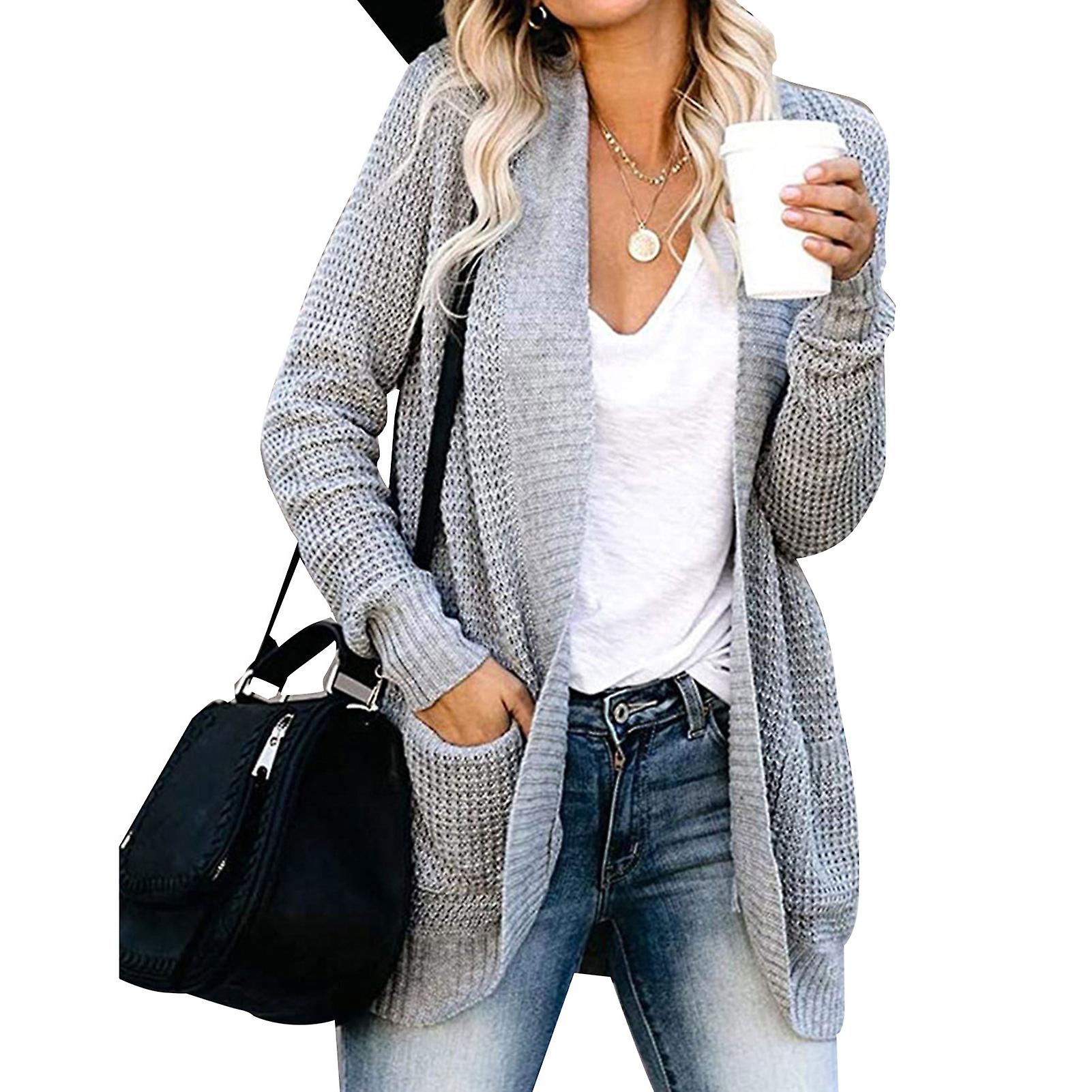 Open Front Button Down Cardigan Sweater With Pockets In Mid-length Solid Color Sweater