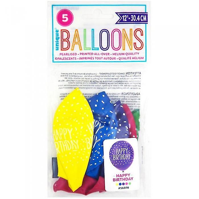 Unique Party 12 Inch Pearlised Latex Happy Birthday Balloons (Pack Of 5)