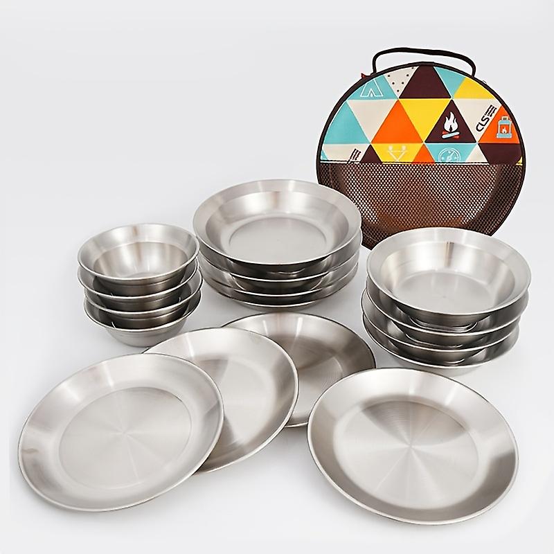 簡単に屋外での食事をお楽しみください - バーベキューピクニックや収納バッグ付きキャンプ用の16ピースのステンレス製食器セット - 本物の金属製の食器洗い機