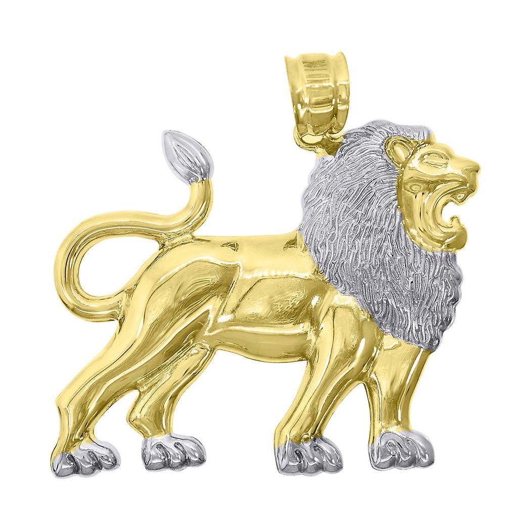 10kツートンゴールドメンズライオンアニマルチャームペンダント43.9x39.40mm男性用ワイドネックレス - 5.4グラム