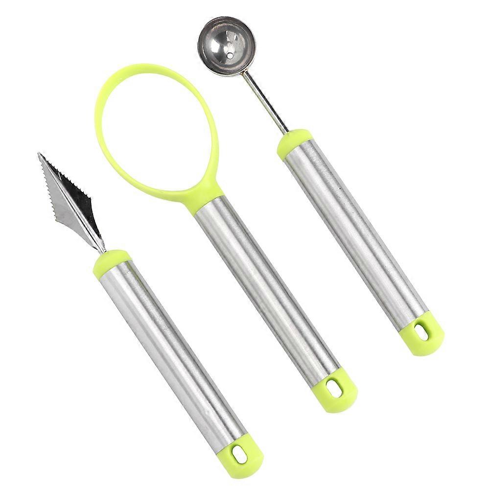 3pcs Fruit Carving Tool Set Melon Digger Green Silver 20.5x6.8cm