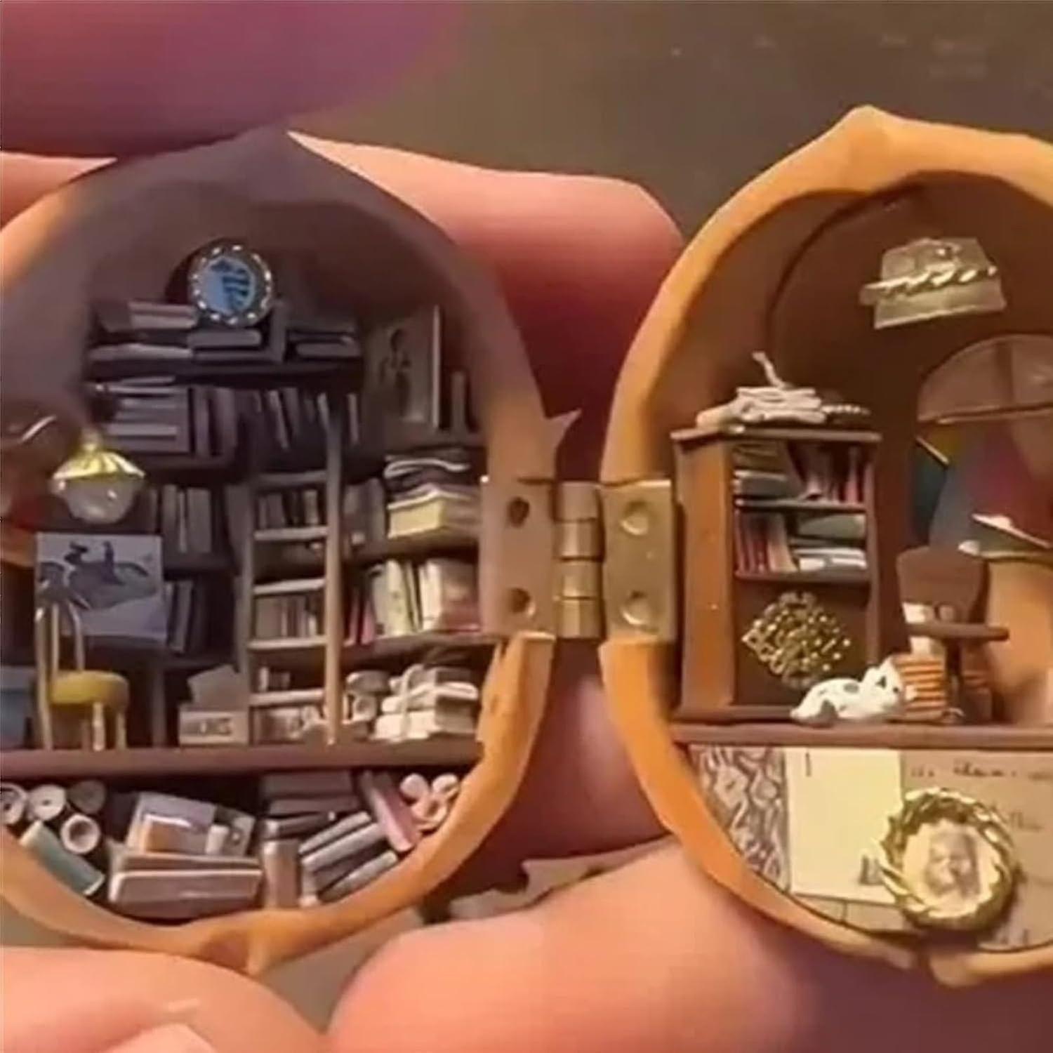 Walnut Shell Doll House, Tiny World Inside Walnuts, Handmade Walnut Shell Doll House Mini Library, R