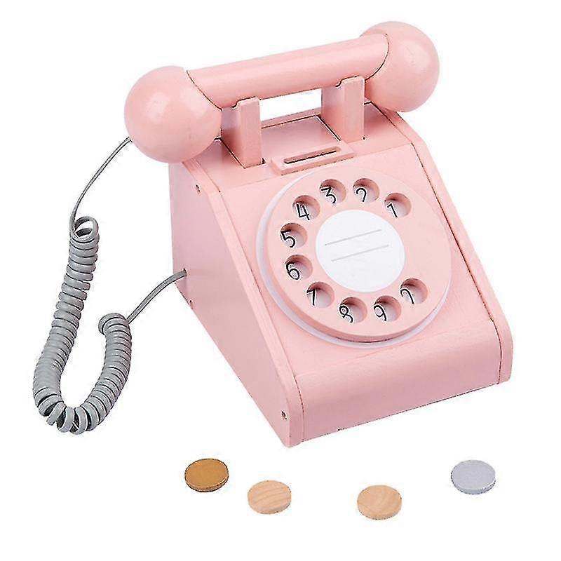 Kid Wooden Dial Telephone Toy Simulation Play House Telephone Retro Rotary Dial Telephone Toy With Four Simulation Coins