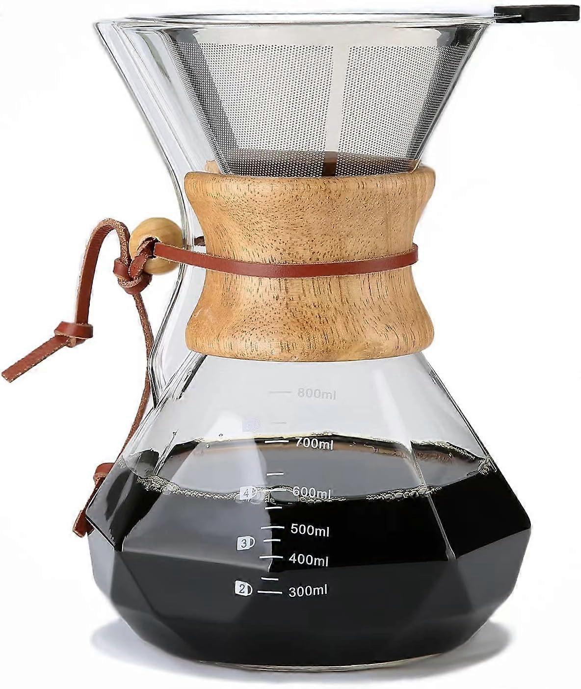 Pour over coffee maker with permanent filter, 800ml borosilicate glass coffee pot