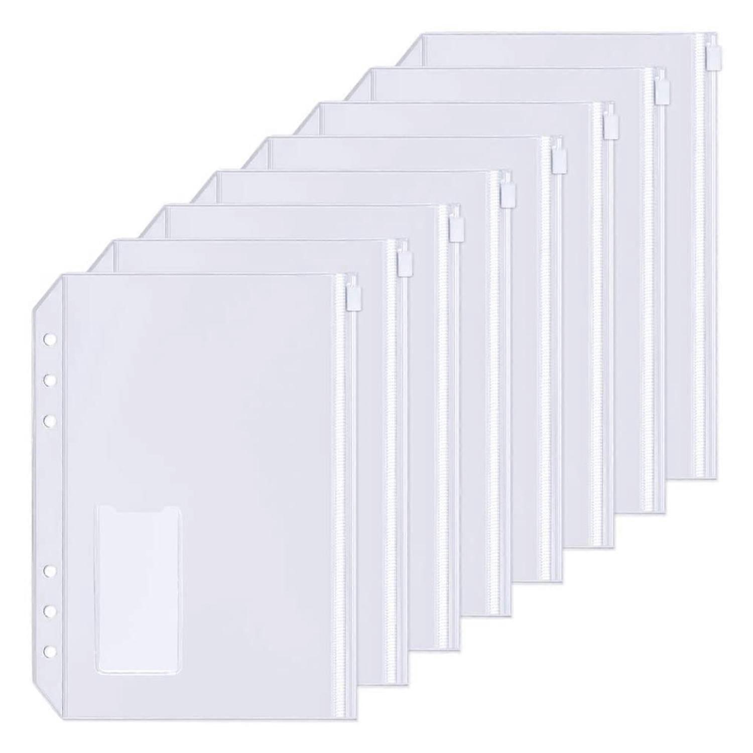 15Pcs A5 Binder Pockets 6-Hole Punched Zipper Binder Pocket with Plastic Zipper Label Pocket for 6-