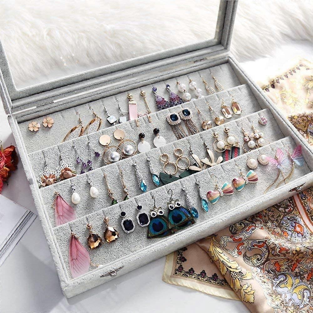 SUNFECILI Scatola Porta Orecchini, Trasparente Porta Orecchini con 3 Cassetti, Organizer per Gioielli per Donne e Ragazze, Fodera in Flanella, Espositore per Gioielli, Supporto per (Beige