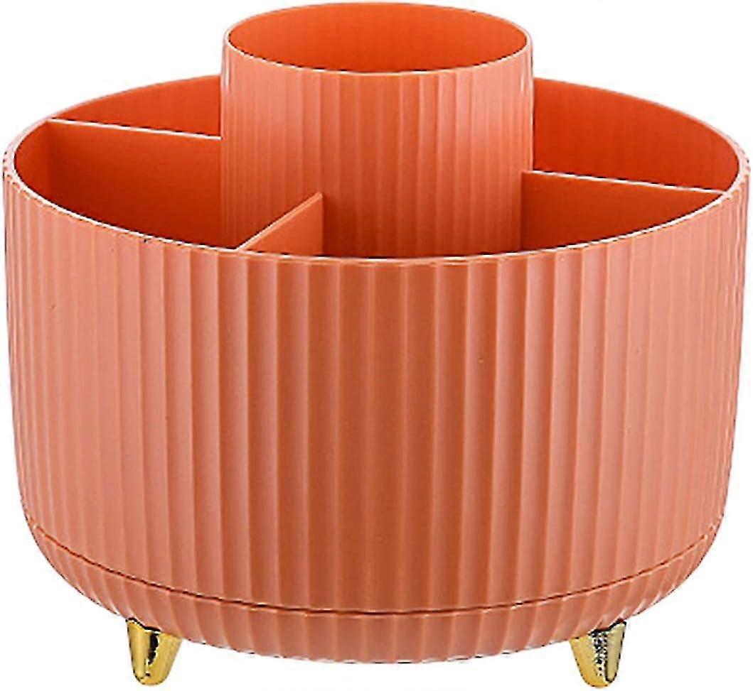 Makeup Brush Holder With Rotating Base - Orange, 5-grid, For Dressing Table Organization