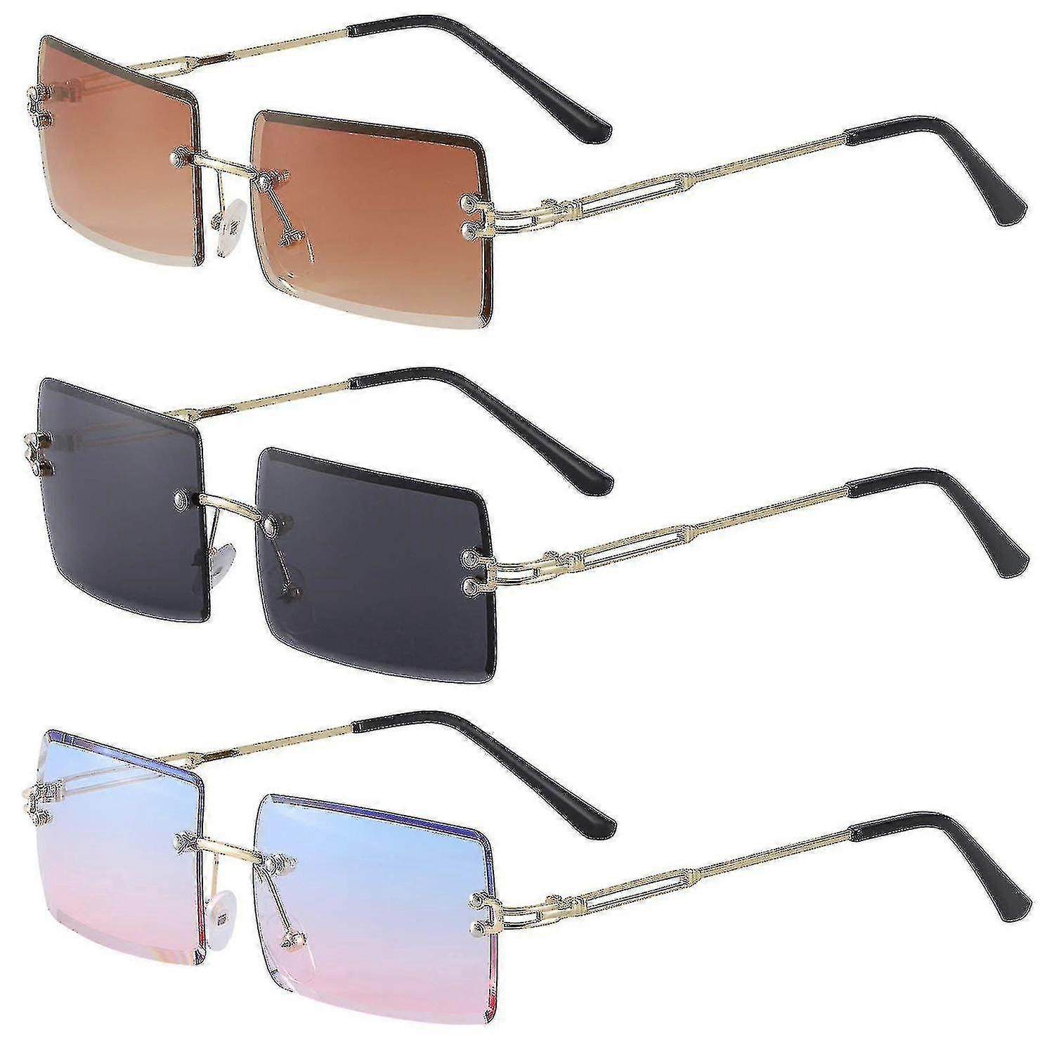 3 Pairs Square Rimless Sunglasses Fashion Frameless Eyewear Vintage Rectangle Transparent Glasses Fo