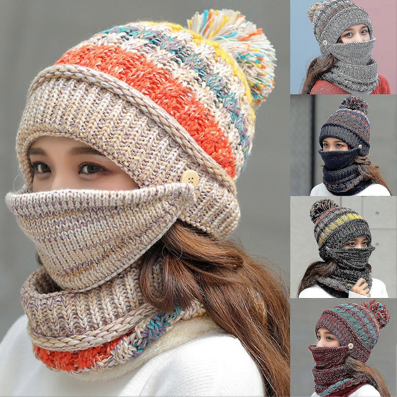 Farfi 3pcs Hat Multicolor Warm Woolen Yarn Cable Knit Hat Pour Ski