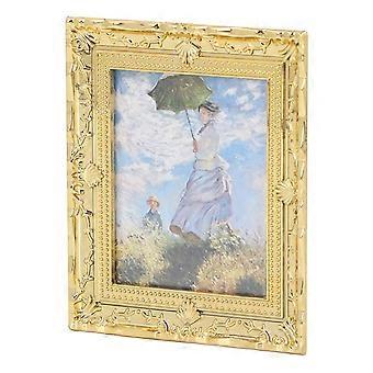Pintura de arte em miniatura Umbrella Girl Handcrafted Pintura a óleo de casa de bonecas acrílica com moldura dourada