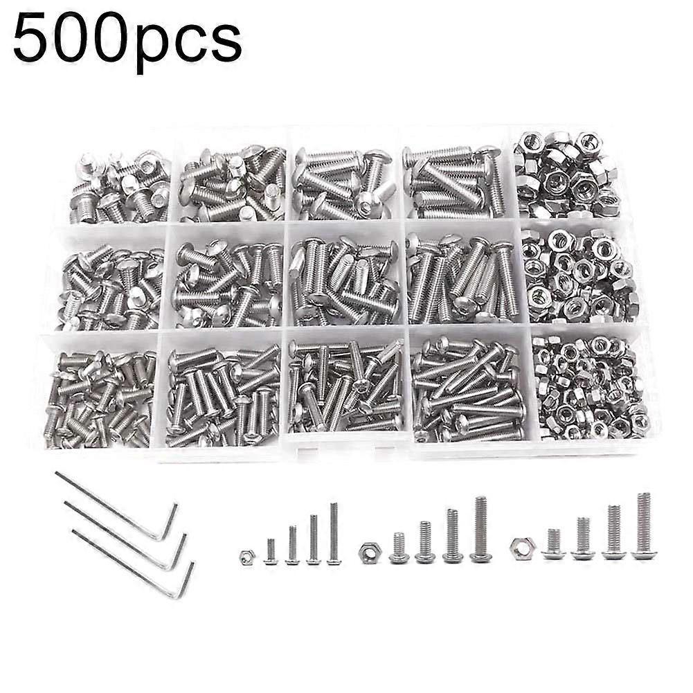 500Pcs M3 M4 M5 Stainless Steel Hexagon Sockets Button Head Screws Nuts Kit QinHai