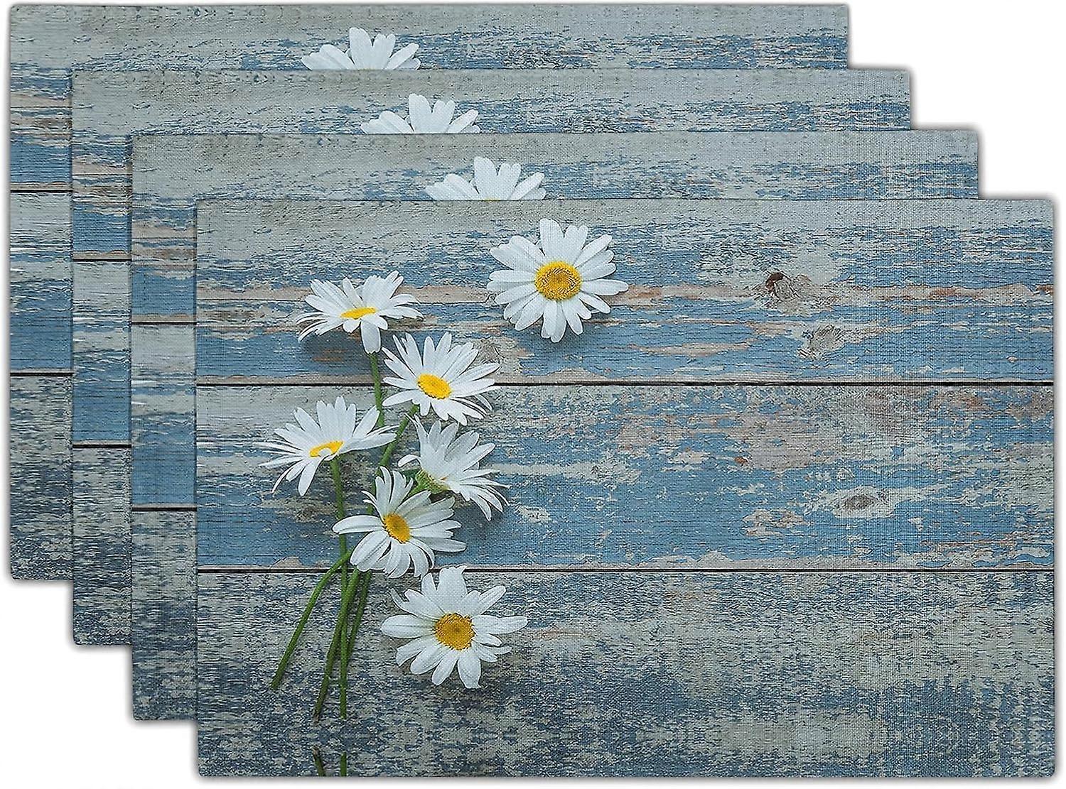 Papatya Çiçekli Placemats 12x18 İnç 4 Adet Ahşap Tahta Yaz Çiftlik Rustik Dekoratif Isıya Dayanıklı Kumaş Yer Matı Seti Mutfak Yemek Masası S