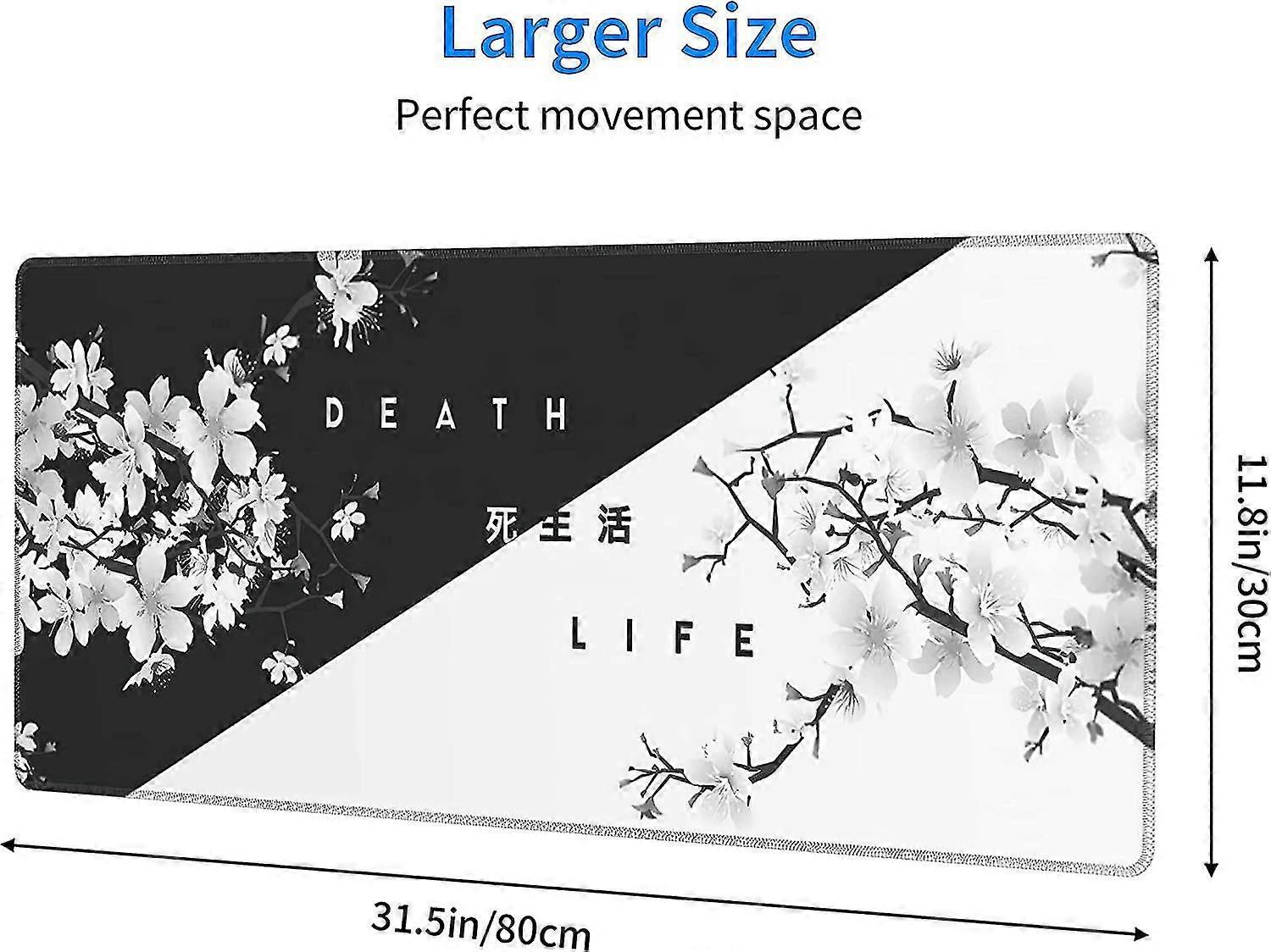 Extended Desk Mat With Bla White Cherry Blossom Design, Sakura Death Life Theme, Non-slip Rubber Base, Stitched Edge, Large Xl Playmat For Ga La