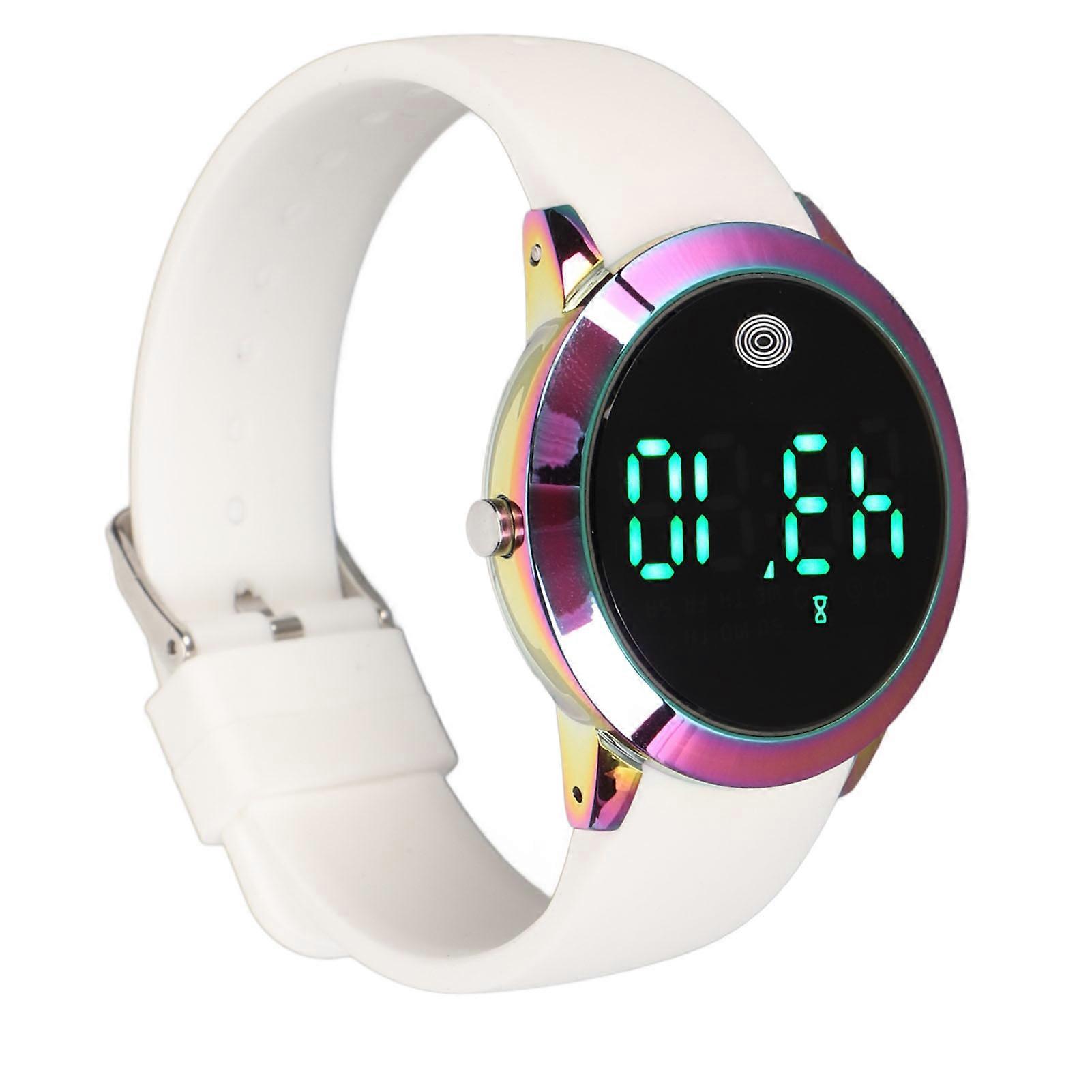 DTCY Digital Waterproof Watch Multifunctional Stylish Color Touch Screen Countdown Timer 12 24 Hours Sports Watch Colored Shell White Belt Small