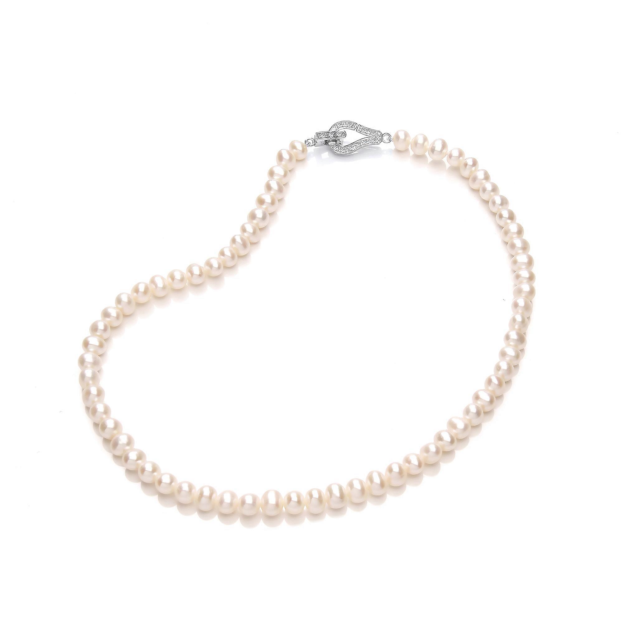 Jewelco London Ladies Sterling Silver Cubic Zirconia & Freshwater Cultured Pearl Loop Clasp Bead Necklace 6-7mm 16 inch