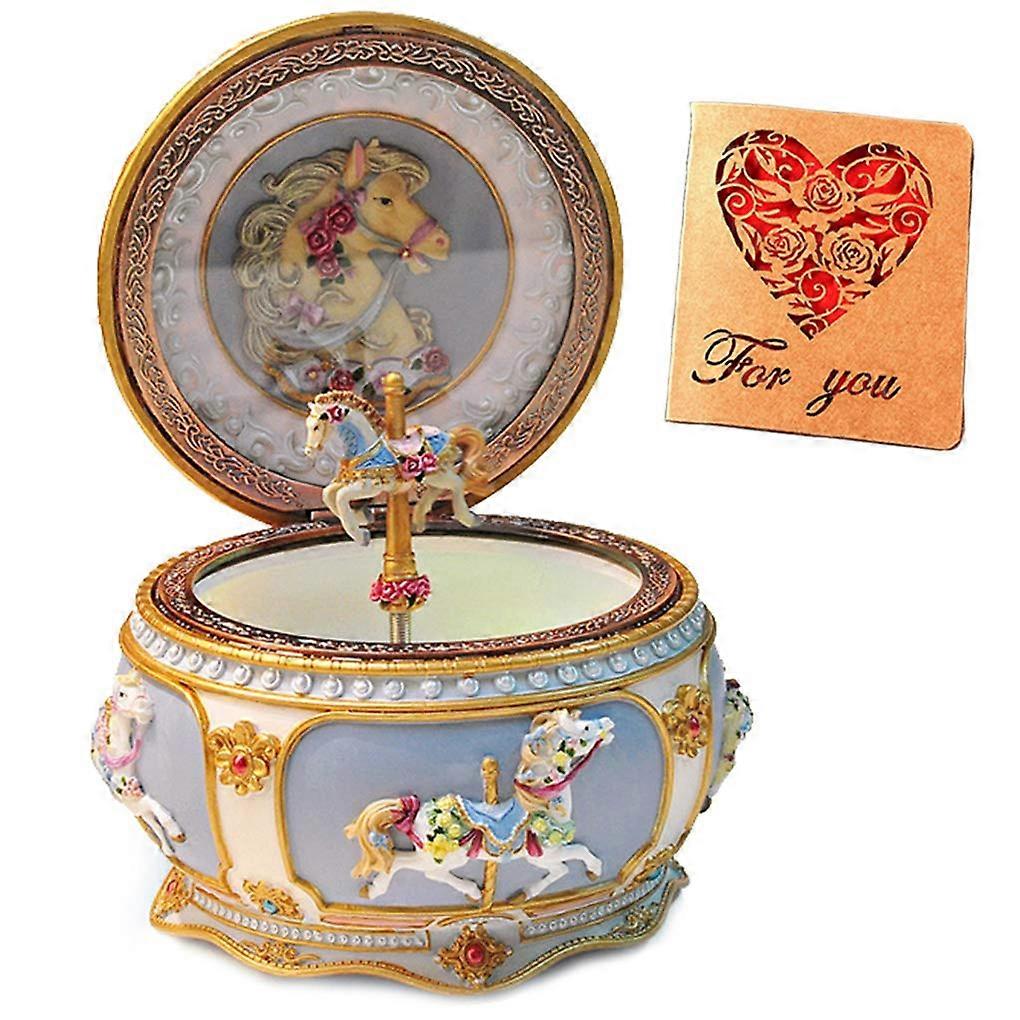 Carousel Horse Music Box with LED Lights, Twinkling Resin, Mechanical 18-Note Sankyo, Rotates with Music