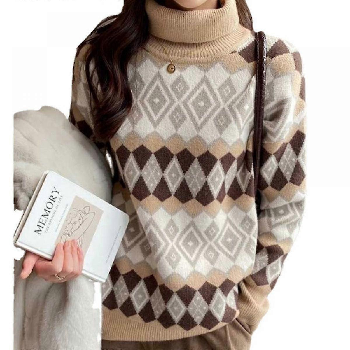 Damen Rollkragenpullover Strickpullover Lange Ärmel Farbblock Patchwork Lose gerippte Pullover Pullover Tops