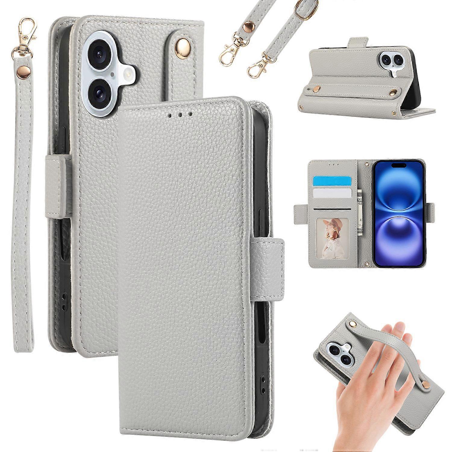 For iPhone 16 Plus Leather Case with Card Holder,Straps,Shockproof Wallet Phone Cover-Grey Blue
